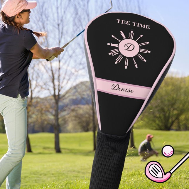 T-Shirt Time Clock Schwarz Rosa Name Monogramm Golf Headcover (Von Creator hochgeladen)