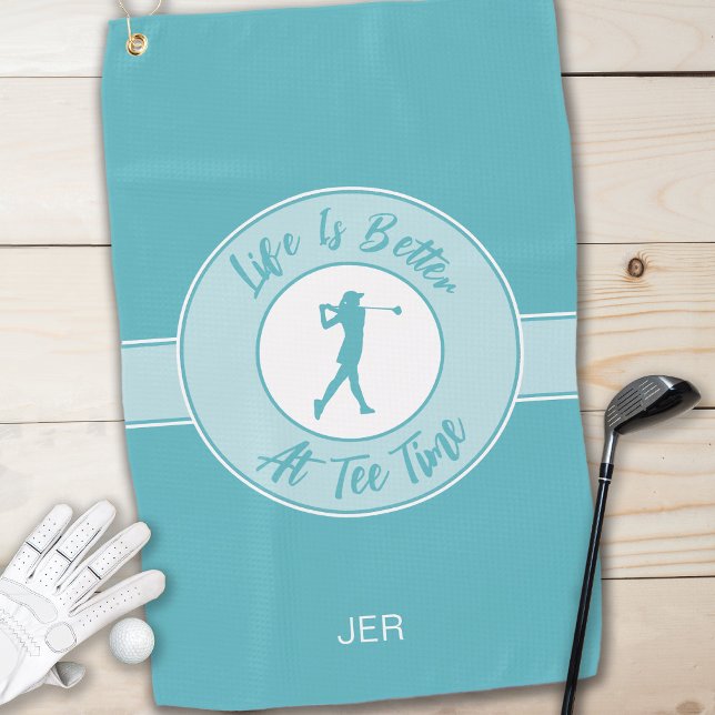 T-Shirt Time Golfer Spaß Sportmonogramm Aquamarin  Golfhandtuch (Tee Time Golfer Humor Sports Monogram Teal For Her Golf Towel)