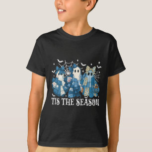 T-shirt Tis Season Blue Patchwork Ghost Citrouille Éffraya