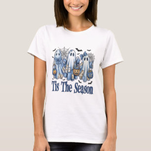 T-shirt Tis Season Blue Patchwork Ghost Citrouille Éffraya
