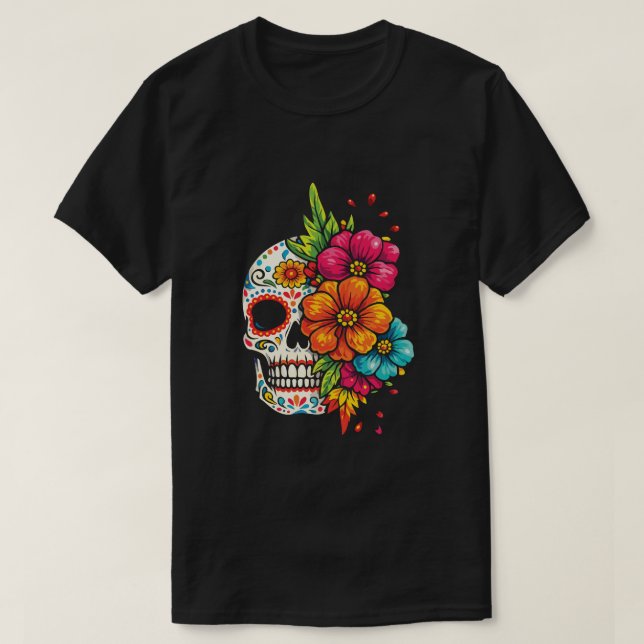T-shirt Titre : Crâne Fleuris de Día de los Muertos (Design devant)