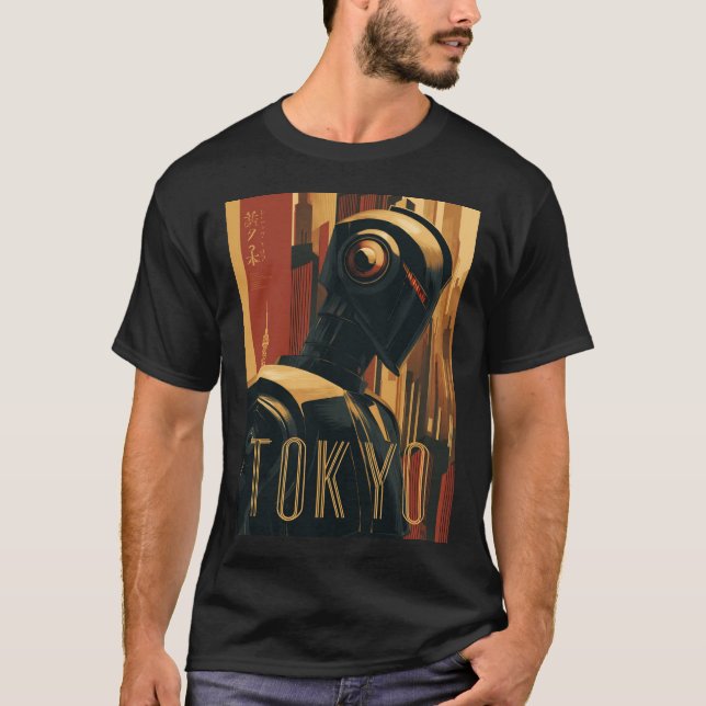 T-shirt Tokyo Retro Art Deco Poster with Futuristic Robot (Devant)