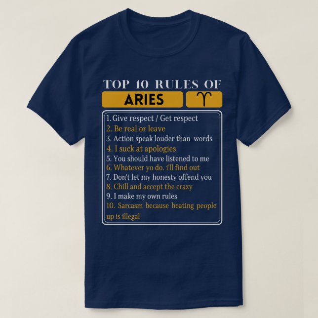 T-shirt Top 10 Règles De Béliers Aries Horoscope Zodiac Fa (Design devant)