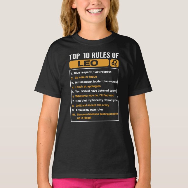 T-shirt Top 10 Rules Of Leo, Leo Facts Traits (Devant)