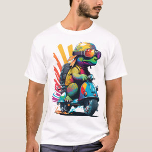 T-shirt Tortue Colorée Drôle Sur Un Scooter