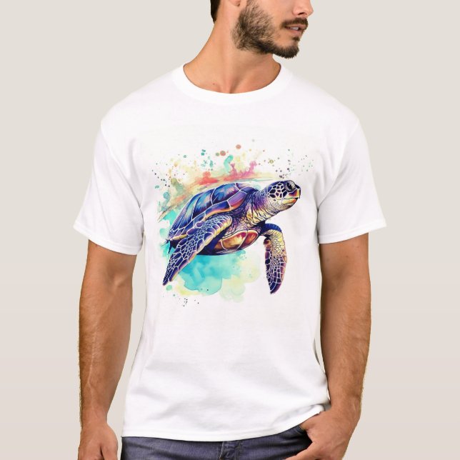 T-shirt Tortue de mer Peinture d'aquarelle de natation (Devant)