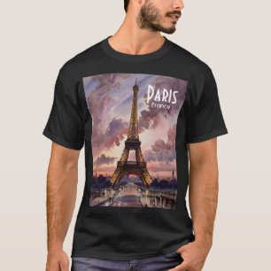 T-shirt Tour Eiffel de Paris au crépuscule Aquarelle Texte
