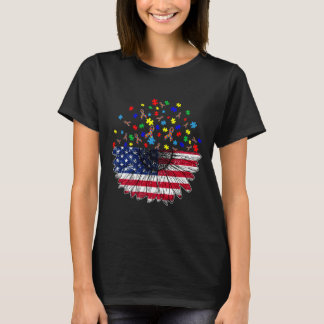 T-shirt Tournesol Américain Drapeau Et Pluzaine D'Autisme