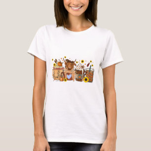 T-shirt Tournesol de vache écossaise Vibes de chute Café L
