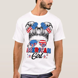 T-shirt Toute American Funny Girl Messy Bun Patriotique 4E