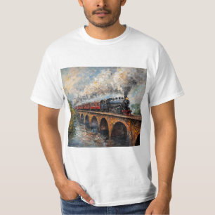 T-shirt Train à vapeur sur un pont - Peinture à l'huile