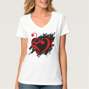 T-shirt Treble et Bass Clef Musical Coeur Rouge