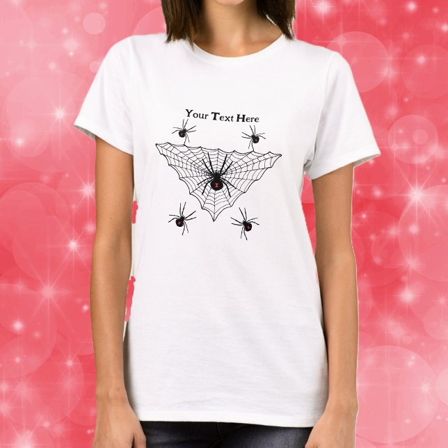 T-shirt Triangle shaped Spider Web With Black Widow Spider (Poisonous black widow spiders in triangle shaped black web on womans tee shirt.)