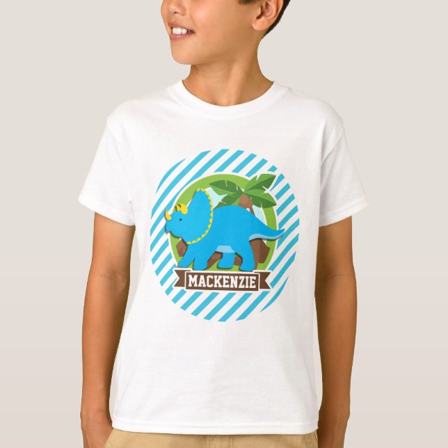 T-shirt Tricératops Dinosaur ; Grandes Bleues Et Blances C (Devant)