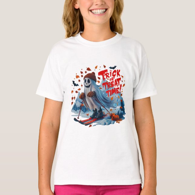 T-shirt Trick or Treat Time : Ghost Skiing Fun Design (Devant)