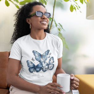 T-shirt Trio de papillons bleus personnalisés avec nom - Œ