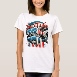 T-shirt Trio Patriotique de Poissons - Art Rouge, Blanc et