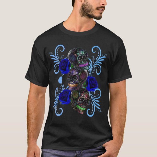 T-shirt Triple Jour Noir Des Crânes Morts Avec Rose Bleu (Devant)