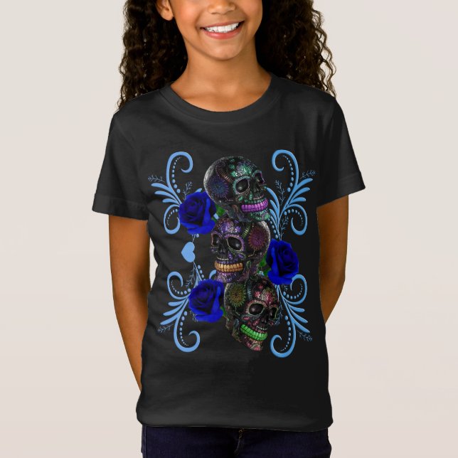 T-Shirt Triple Jour Noir Des Crânes Morts Roses Bleus (Devant)