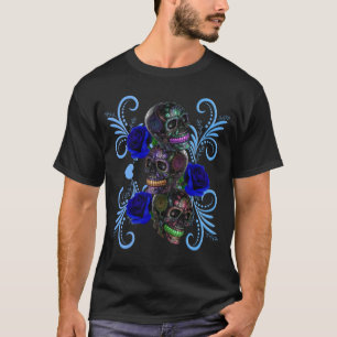 T-shirt Triple Journée Noire Des Crânes Morts Avec Rose Bl