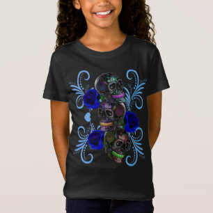 T-Shirt Triple Journée Noire Des Roses Bleus Des Crânes Mo