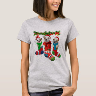 T-shirt Trois Bulldogs Anglais En Chaussettes De Noël