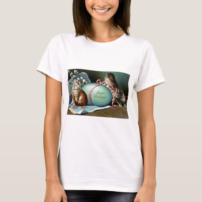 T-shirt Trois chats et grand oeuf de pâques bleu (Devant)