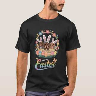 T-shirt Trois Chiens Lapins Dachshund Dans Le Panier Oeufs