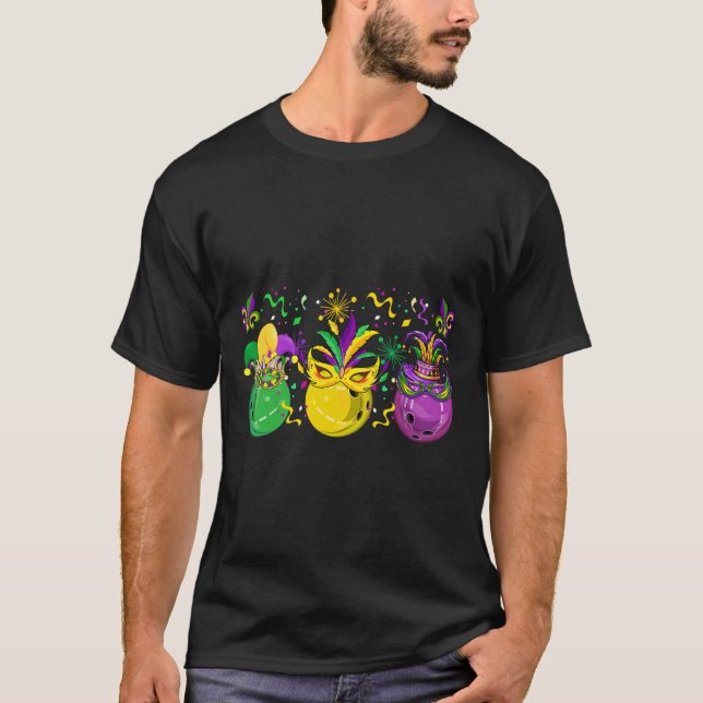 T-shirt Trois Mardi Gras Bowling Masqué Jester Parade Casq (Devant)