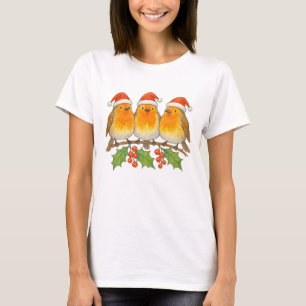 T-shirt Trois mignons Robins de Noël à Santa Hats