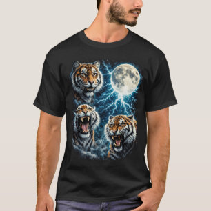 T-shirt Trois Tigres Retro Lune Foudre Rugissante Faune