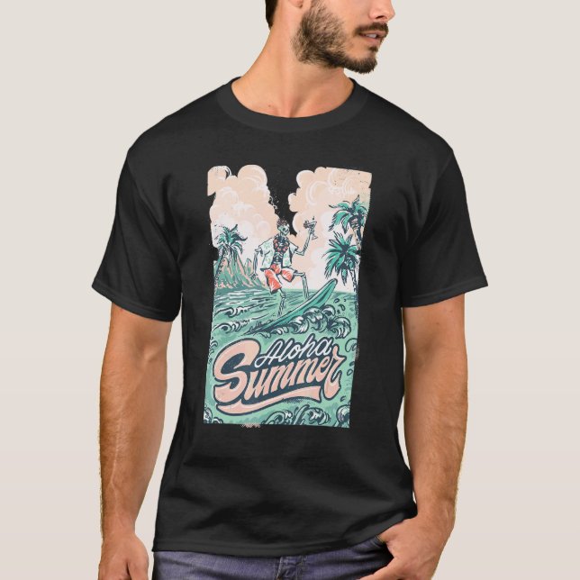T-shirt Tropical Summer Vibes Skeleton Surfer Surfb (Devant)