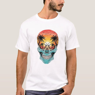 T-shirt Tropical Sunset Skull | Beach Palm Tree Ocean Wave
