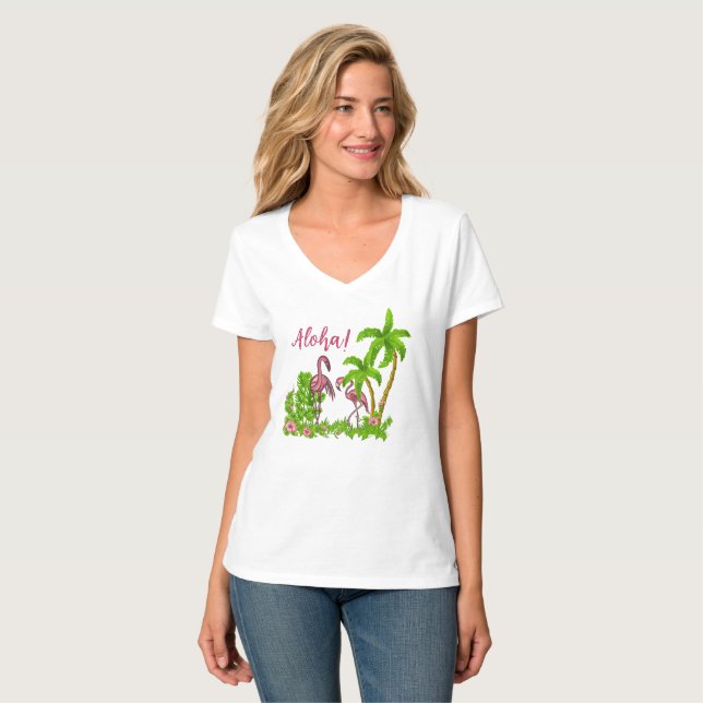 T - Shirt Tropischer Flamingos und Blume (Vorderseite Vollansicht)