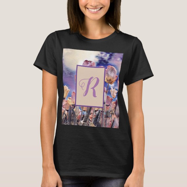 T-shirt Tulipes orange violette personnalisable monogramme (Devant)
