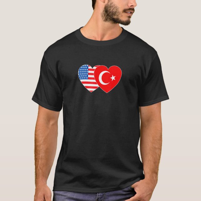 T-shirt Turkey and USA Flag Twin Heart for Turkish America (Devant)