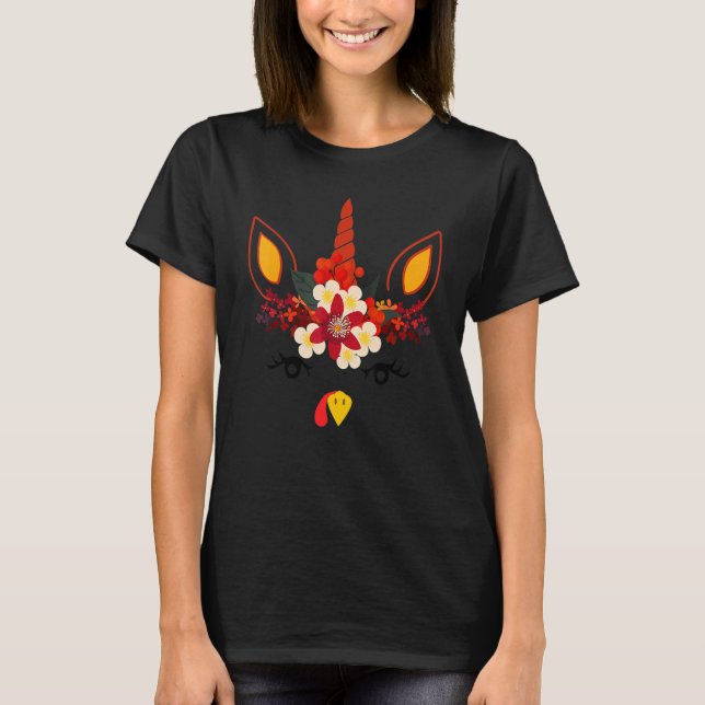 T-shirt Turkey Unicorn Face Flower Thanksgiving Pilgrim Gi (Devant)