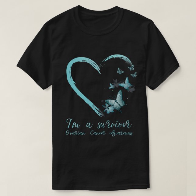 T-shirt Turquoise Papillon Coeur Survivant Cancer de l'ova (Design devant)