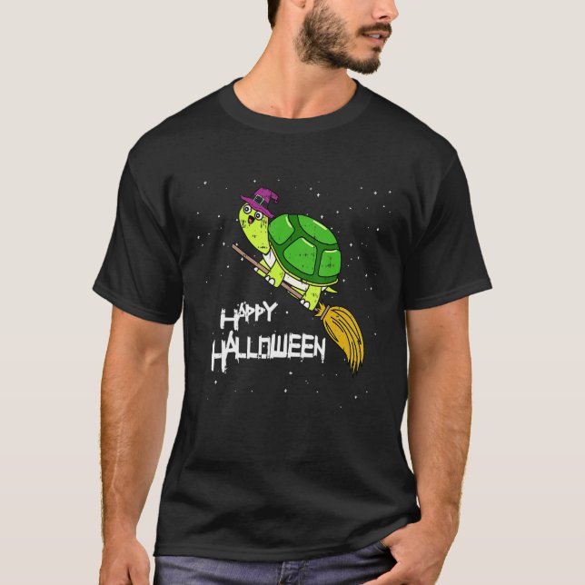 T-shirt Turtle Witch Broomstick Night Cute Reptile Hallowe (Devant)