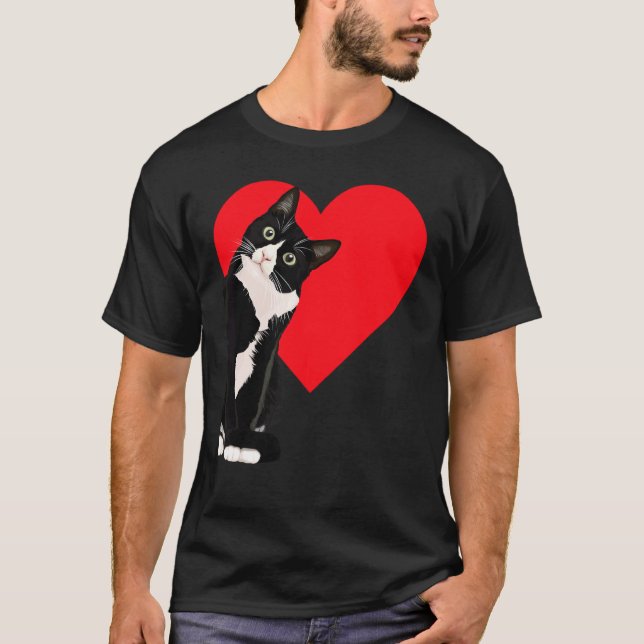 T-shirt Tuxedo Cat Valentine's Day Heart Cat (Devant)