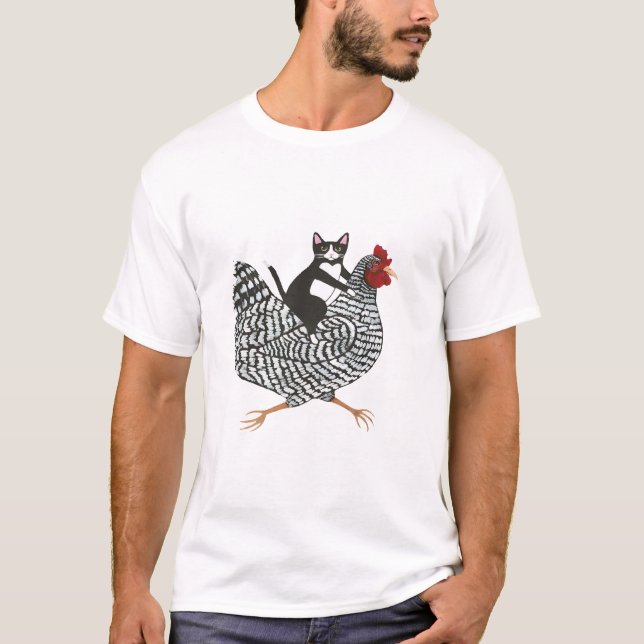 T-shirt .Tuxedo Chat sur un poulet (Devant)