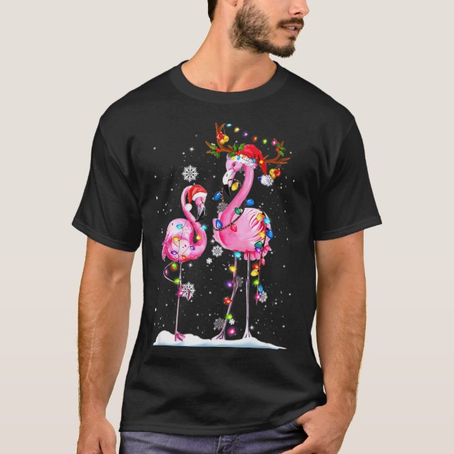 T-shirt Two Flamingo With Santa Hat And Lights Merry Chris (Devant)