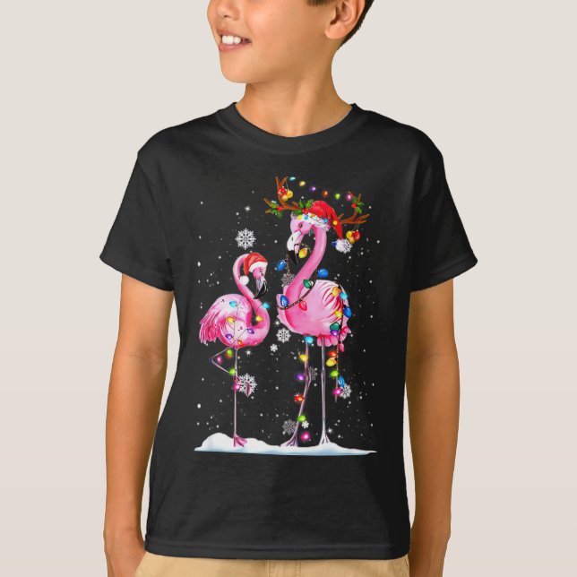 T-shirt Two Flamingo With Santa Hat And Lights Merry Chris (Devant)