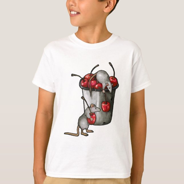 T-shirt Two MICE Stealing Cherries, Bucket of Cherries Art (Devant)