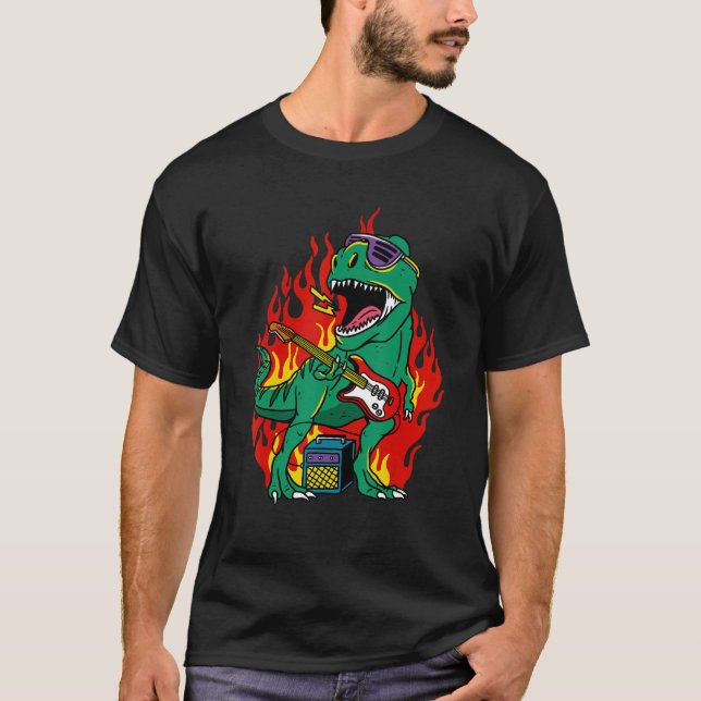 T-shirt Tyrannosaurus Rex Dinosaur Playing Rock Guitar T R (Devant)