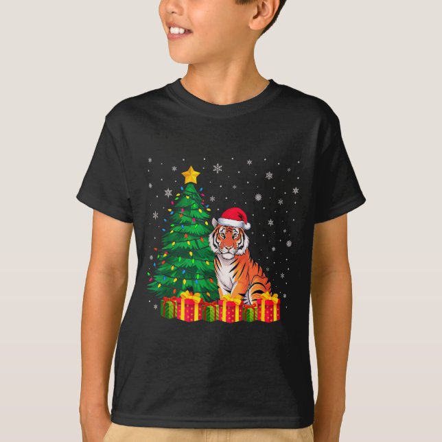 T-shirt Ugly Bengal Tiger Santa Hat Christmas Tree Lights  (Devant)