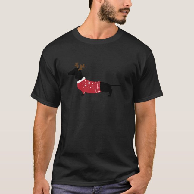 T-shirt Ugly Christmas Sweater Wiener Dachshund Dog  (Devant)