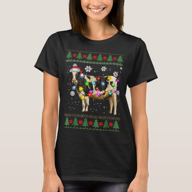 T-shirt Ugly Cow Christmas Sweater Santa Hat And Light Up  (Devant)