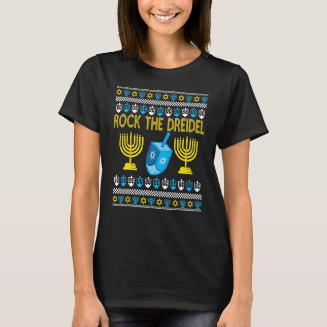 T-shirt Ugly Hanukkah Sweater Rock The Dreidelorah Candles (Devant)