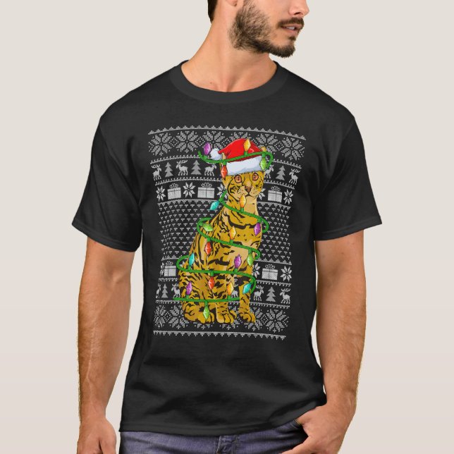 T-shirt Ugly Sweater Style Xmas Lights Santa Bengal Cat Ch (Devant)